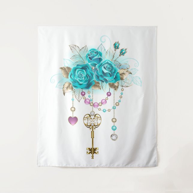 Tenture Roses Turquoise avec Clés (Devant)