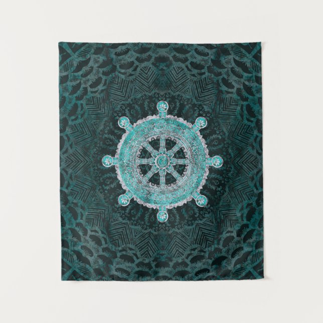 Tenture Roue de Dharma - argent et turquoise de (Devant)