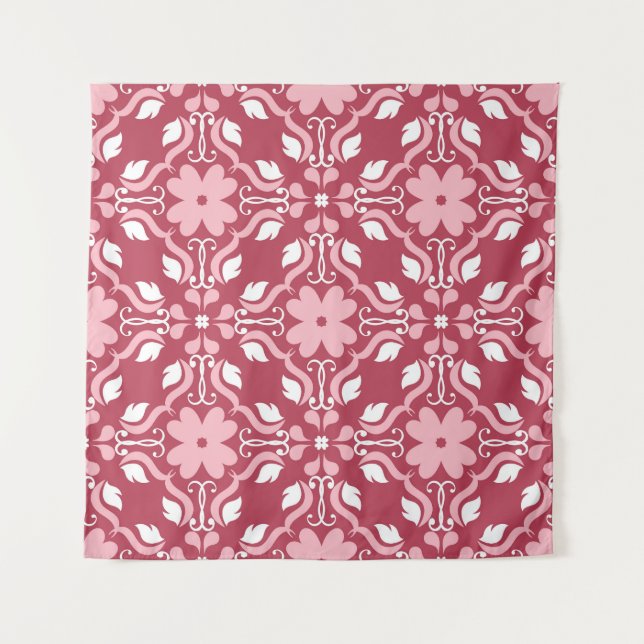 Tenture Rouge, beige à fleurs, papier peint motif sans cou (Devant)
