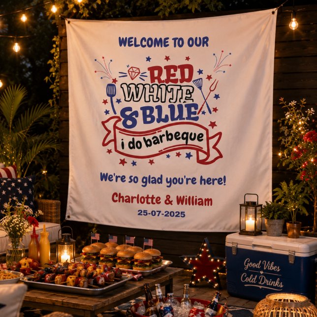 Tenture Rouge Blanc et Bleu je fais un BBQ Couple Enterrem (Red White and Blue i do BBQ Couple Bridal shower Tapestry)