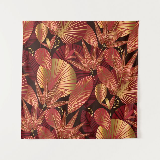 Tenture Rouge doré, motif géométrique tropical. (Devant)