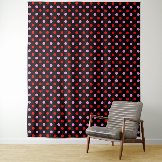 Tenture Rouge et rose sur fond noir à pois design  (En situation)