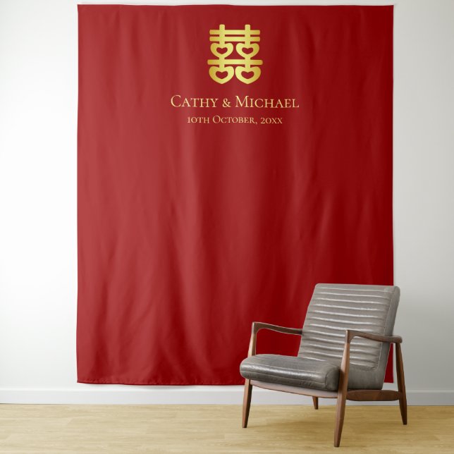Tenture Rouge mariage chinois coeur double bonheur  (En situation)