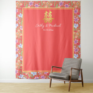 Tenture Rouge Peranakan floral chinois mariage fond