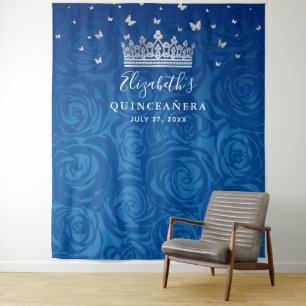 Tenture Royal Blue and Silver Floral Quinceanera Photo