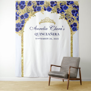 Tenture Royal Blue Floral Princess Gold Arch Quinceanera