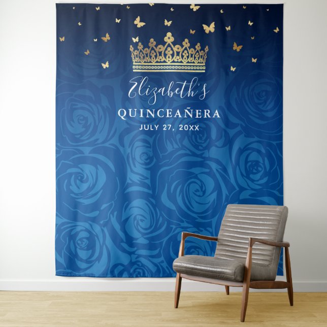Tenture Royal Blue Gold Black Floral Quinceanera Photo (En situation)
