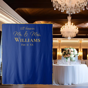 Tenture Royal Blue Gold Edge M. Mme Mariage Wall Backdrop