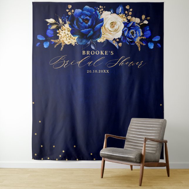 Tenture Royal Blue Gold Metallal Floral Bridal Douche Band (En situation)