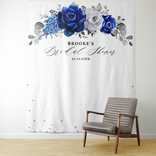 Tenture Royal Blue White Silver Floral Brive (En situation)