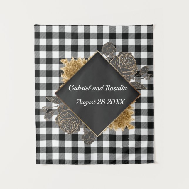 Tenture Rubans de mariage à cadre de rose à carreaux de bu (Devant)