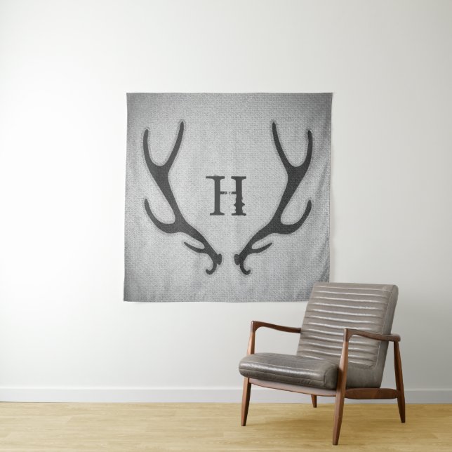 Tenture Rustic Deer Antlers Grey Faux Burlap Texture (En situation)