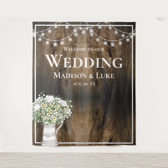 Tenture Rustic Wood Texture Floral Lights Welcome Wedding (Devant)