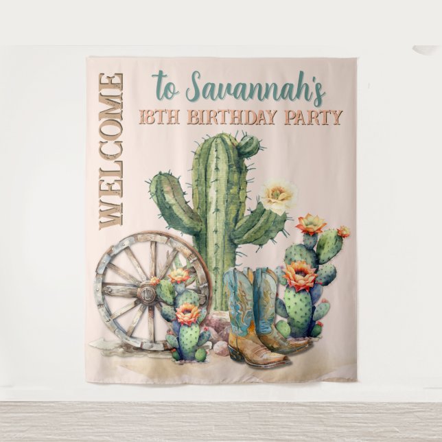 Tenture Rustique Blush rose Floral Cactus Desert Bienvenue (Devant)