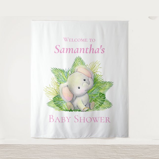 Tenture Safari Elephant Baby shower rose fond (Devant)