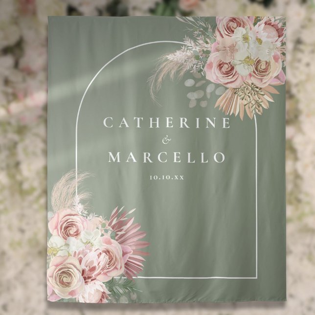 Tenture Sage Green Boho Pampas Grass Floral Mariage (Sage Green Boho Pampas Grass Floral Wedding Tapestry)