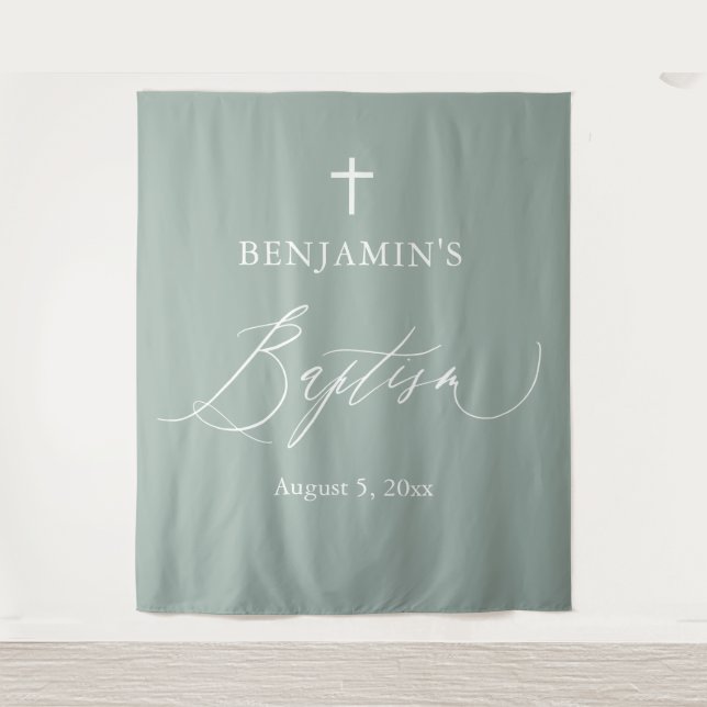 Tenture Sage Green Croix Blanche Boy Baptême Photo Context (Devant)