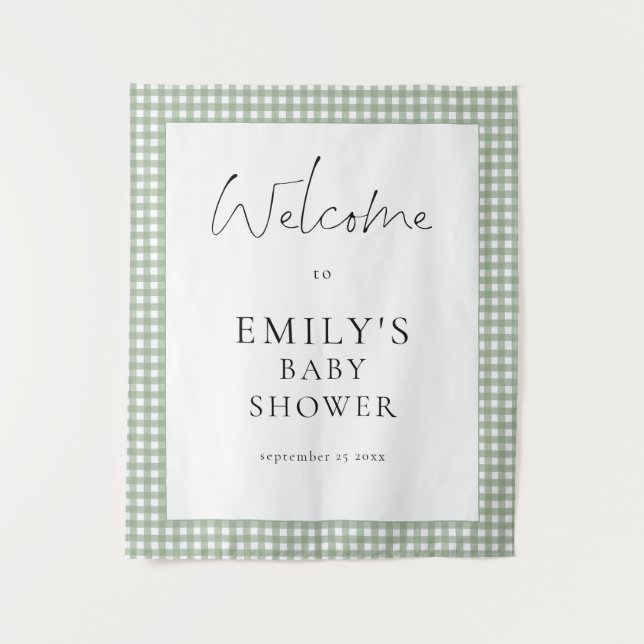 Tenture Sage Green Gingham Script Welcome Baby Shower  (Devant)