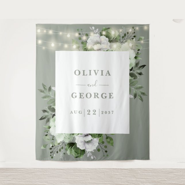 Tenture Sage Green String Lights Floral Photo fond (Devant)