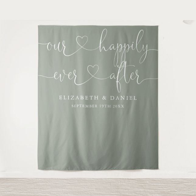 Tenture Sage Vert Pour Toujours Écriture De Coeur Mariage (Devant)