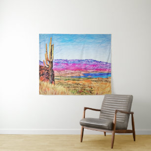 Tenture Saguaro Cactus Montagnes violettes Blue Lake Arizo