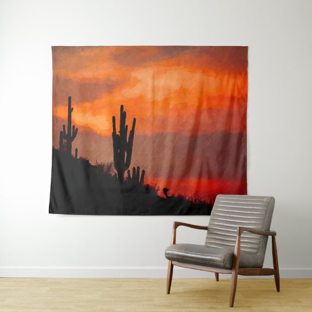 Tenture Saguaro Cactus Silhouette Arizona Red Sunset (En situation (horizontale))