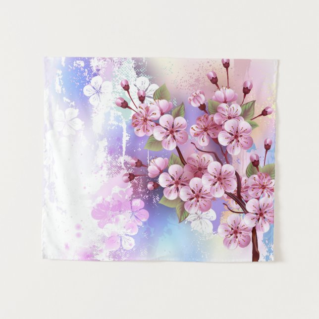 Tenture Sakura rose sur fond de peinture (Devant (Horizontal))