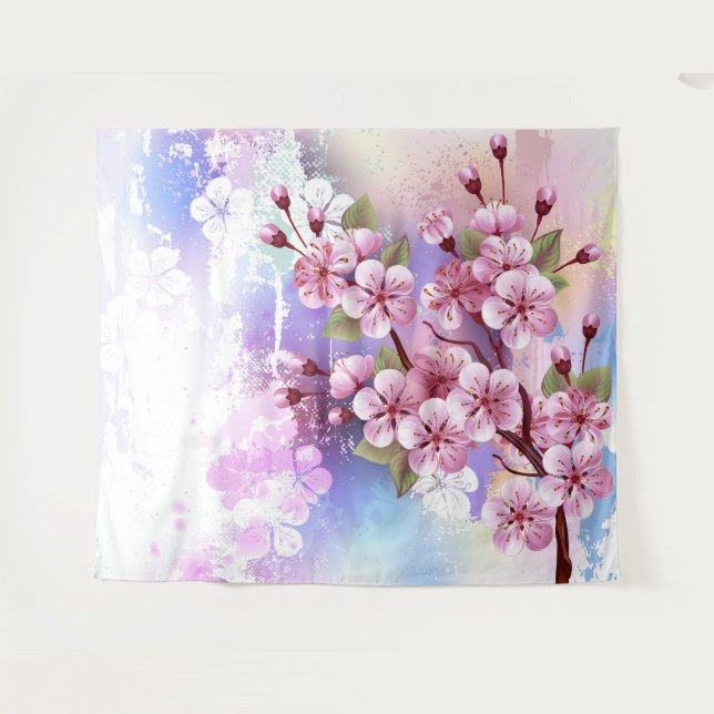 Tenture Sakura rose sur la peinture Arrière - plan (Devant (Horizontal))