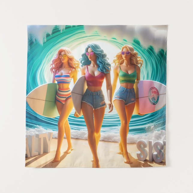 Tenture Salty Sisterhood Trio Girls Beach Walk Surfer (Devant)