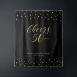 Tenture Salutations à 50 ans | Gold & Black 50th Birthday<br><div class="desc">Cette tapisserie moderne est parfaite pour une fête d'anniversaire chic aux couleurs noir et or. Votre invité appréciera de prendre une photo avec ce décor sophistiqué de fête et de se souvenir de votre journée spéciale. Le design comprend une typographie dorée "Cheers to 50 years" et un arrière - plan...</div>