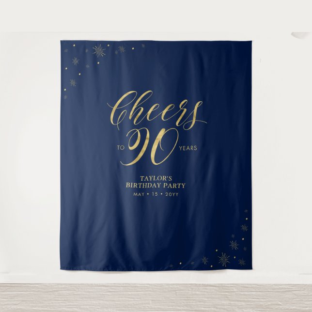 Tenture Salutations à 90 ans, Gold & Navy 90 Anniversaire (Devant)