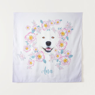 Tenture Samoyède chien et fleurs roses, nom personnalisé