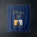 Tenture Santé | Gold & Navy 30th Birthday Party Photo<br><div class="desc">Cette tapisserie moderne est parfaite pour une fête d'anniversaire à thème or & bleu marine chic. Votre invité appréciera de prendre une photo avec ce décor sophistiqué de fête et de se souvenir de votre journée spéciale. Le design comprend une typographie dorée " Cheers to 30 years " et des...</div>