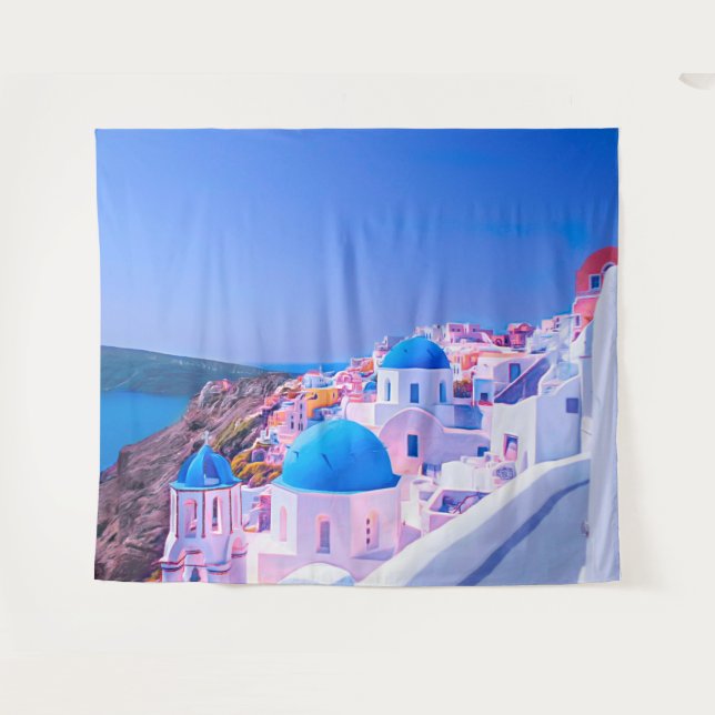 Tenture Santorin Grèce Île Bleue Toile de Fond Photobooth (Devant (Horizontal))