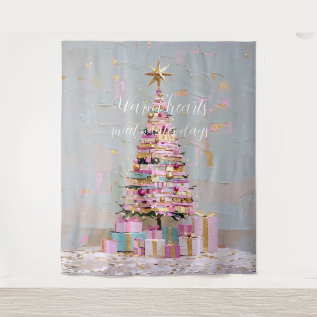 Tenture Sapin de Noël rose et or Impasto (Devant)