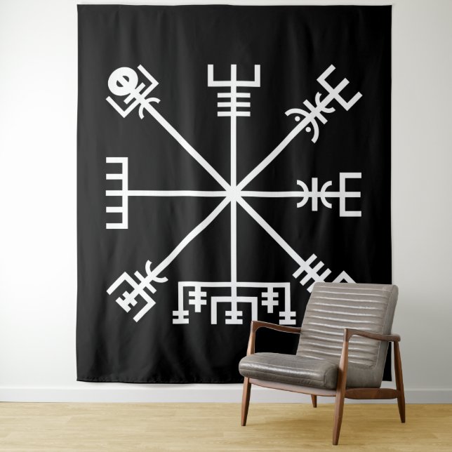 Tenture Sceau Vegvisir blanc sur fond noir (En situation)