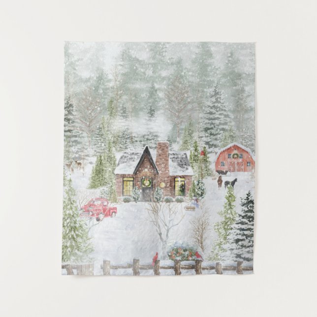 Tenture Scène de cabane de Noël en hiver enneigé (Devant)