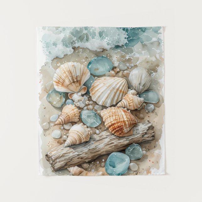 Tenture Scène de coquillages côtiers à l'aquarelle et bois (Devant)