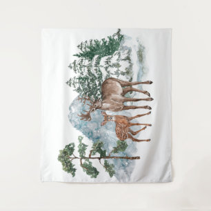 Tenture Scène hivernale toile de fond Cerf et pin enneigé