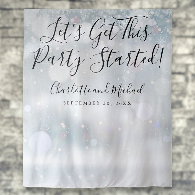 Tenture Script Début de la Fête Flocons de Neige Photoboot (Party Started Script Winter Snowflakes Photo Booth Tapestry)
