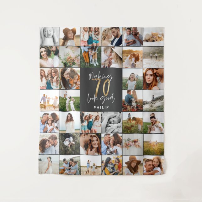 Tenture Script multi-photo pour 70e anniversaire moderne  (Devant)