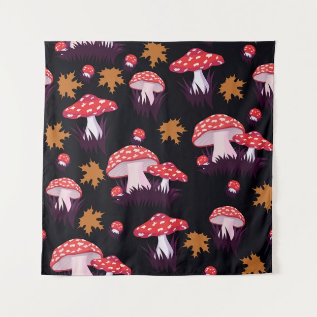 Tenture Seamless pattern with fly agaric and maple leaves. (Devant)