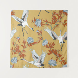 Tenture Seamless pattern with Japanese white cranes and pe