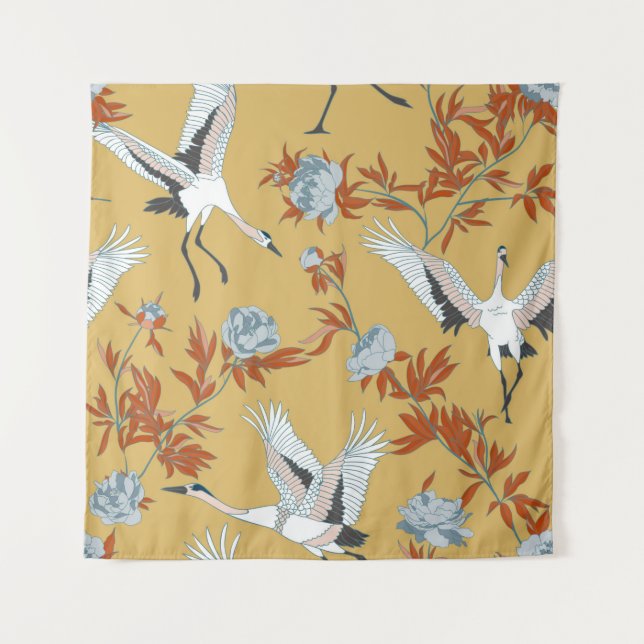 Tenture Seamless pattern with Japanese white cranes and pe (Devant)