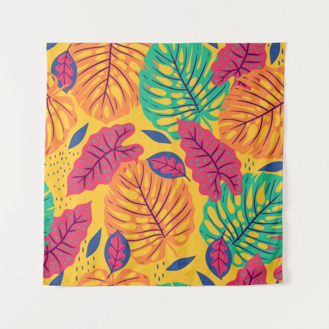 Tenture Seamless pattern with tropical leaves on yellow ba (Devant)