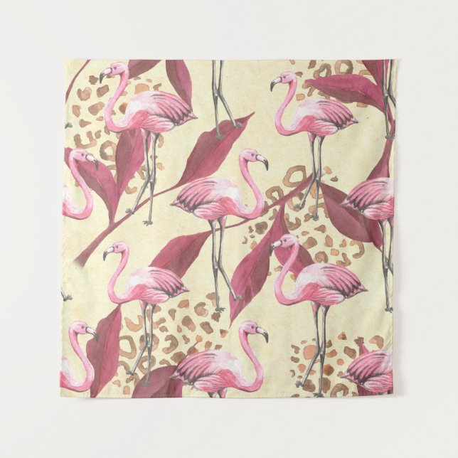 Tenture Seamless tropical pattern with pink flamingo, leav (Devant)