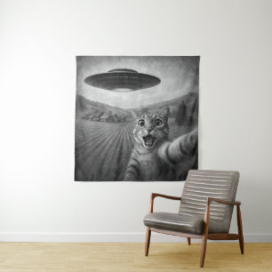 Tenture Selfie De Chat Avec Alien UFO Drôle Cadeaux De Cha