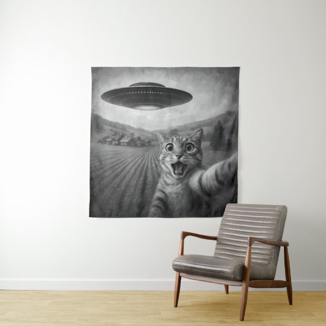 Tenture Selfie De Chat Avec Alien UFO Drôle Cadeaux De Cha (En situation)