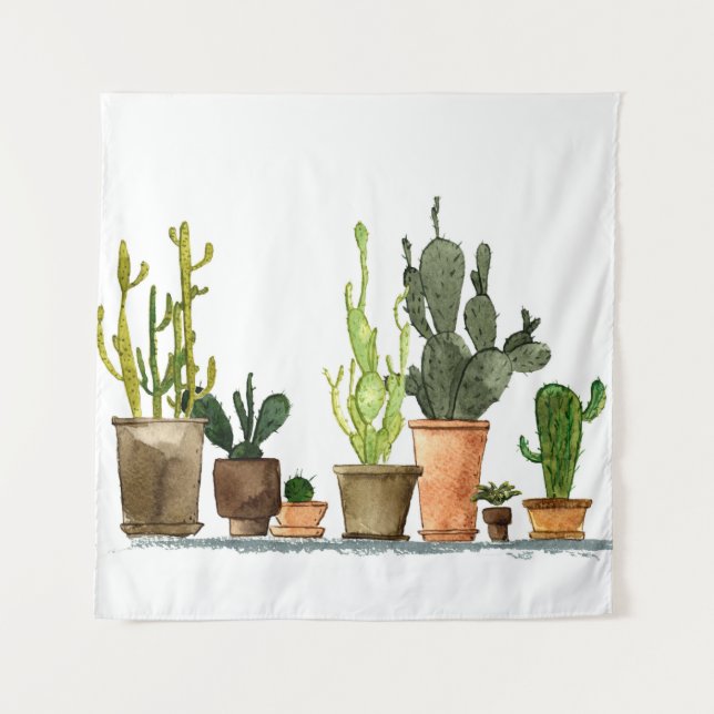 Tenture Sept cactus d'aquarelle vert dessinés à la main en (Devant)