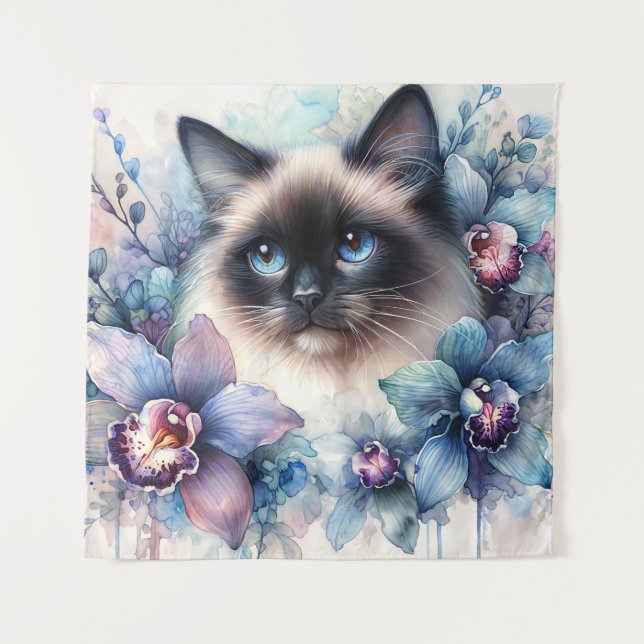 Tenture Siamese Cat Among Orchid Flowers Watercolor (Devant)